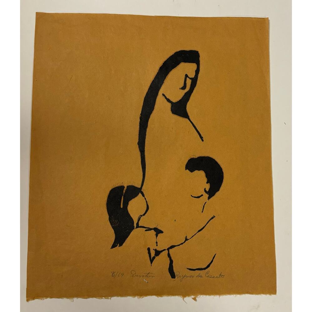 Vintage mid century linoleum block print art family